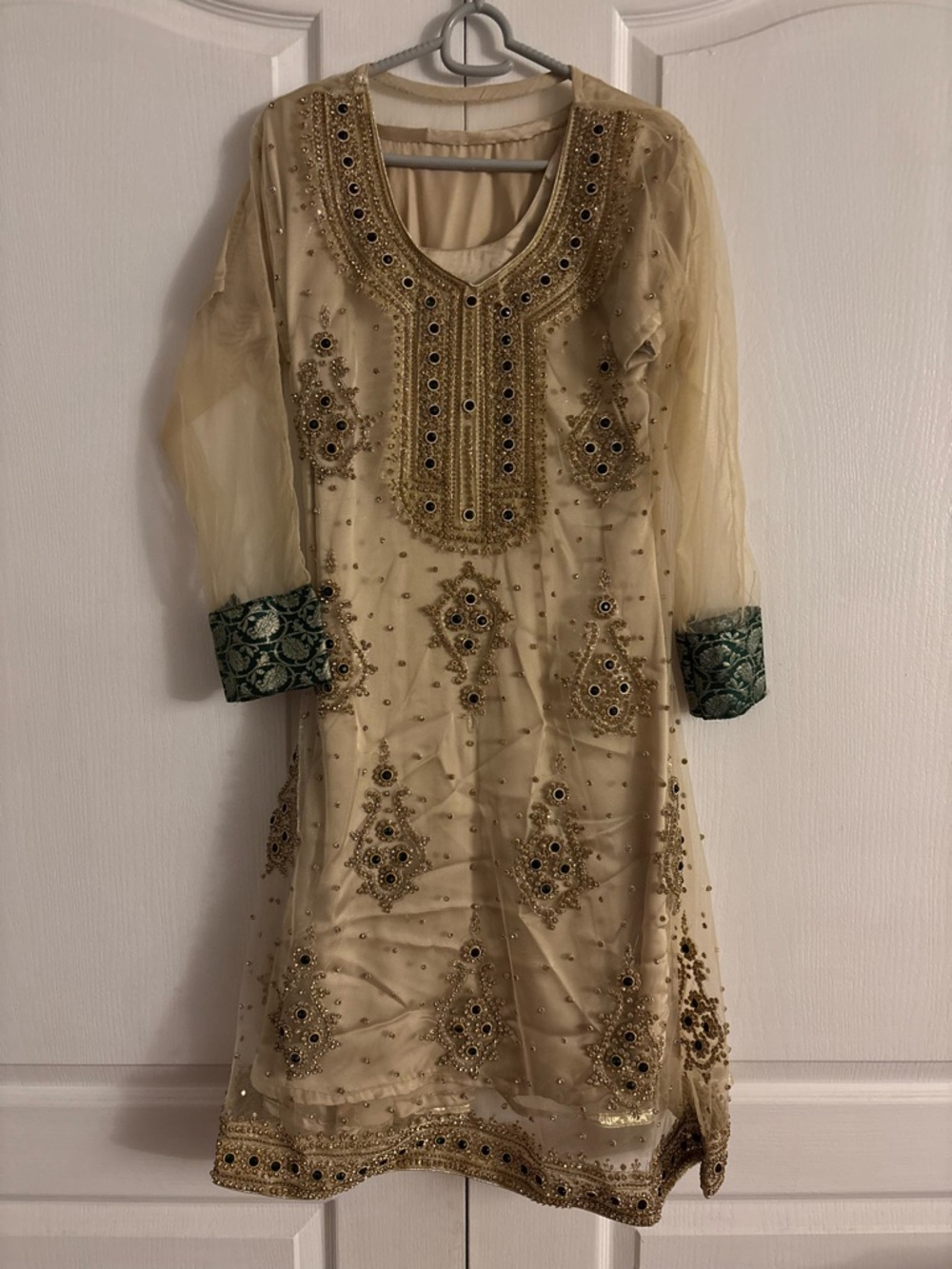Embellished Gold and Green Pakistani 4 piece suit.